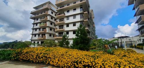 碧瑶JCGA Apartments@Bristle Ridge Condominium的一座高大的建筑,前面有黄色的花朵