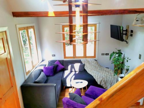 奥克萨潘帕La casa del Erizo的客厅配有蓝色沙发和紫色枕头
