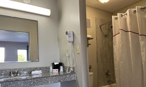KimballRed Roof Inn Kimball, TN I-24的带淋浴、盥洗盆和镜子的浴室