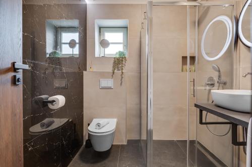 萨利TEONA Luxury Apartment with 2 rooms and terrace sea view的带淋浴、卫生间和盥洗盆的浴室