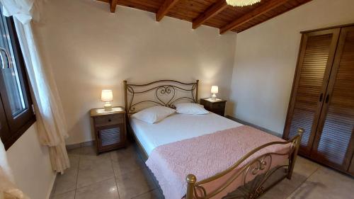 沃丽曼村Nature Villa的一间卧室配有一张带2个床头柜和2盏灯的床。