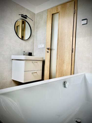 大洛西尼Chaty Čapák的浴室设有白色水槽和镜子