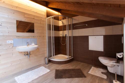 文斯滑行旅馆的带淋浴、盥洗盆和卫生间的浴室