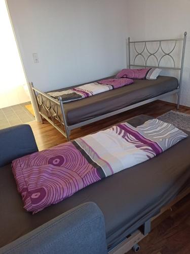 Lahr-DinglingenZimmer "Beere"的配有两张双层床的紫色和白色床单客房