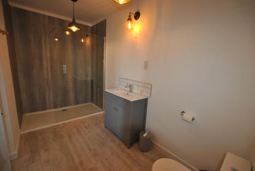 克雷尔Mariners Retreat- spacious apartment in Crail的带淋浴、盥洗盆和卫生间的浴室