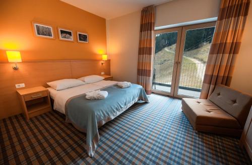 莫济列Wellness Hotel Montis的酒店的客房 - 带一张床、椅子和窗户