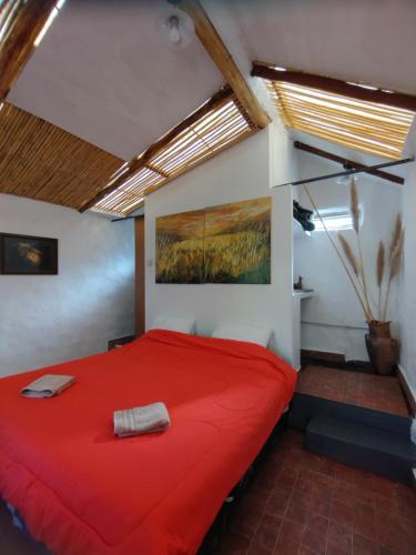 麦马拉Dormir con llamas的卧室配有红色的床,墙上挂有绘画作品