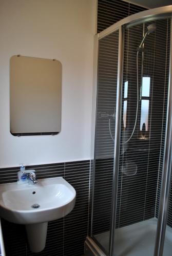 安斯特拉瑟Faolin- superb detached family villa East Neuk的一间带水槽、淋浴和镜子的浴室