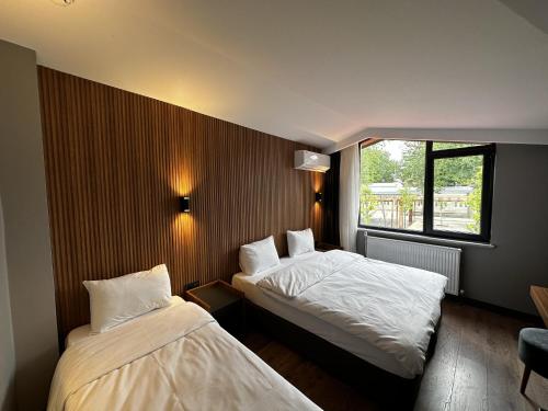 埃迪尔内Bademi Room的酒店客房设有两张床和窗户。