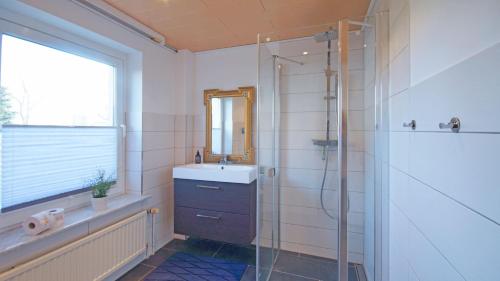 ParchtitzFerienwohnung-Bruchalla的一间带水槽和淋浴的浴室