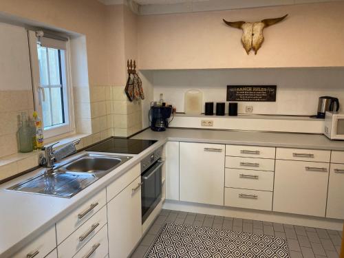巴特梅根特海姆Haus Vaquero - Rancho el Rosal的厨房配有白色橱柜、水槽和墙上的头骨