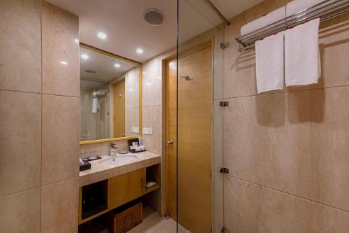 新德里Zone Connect by The Park Saket New Delhi的浴室配有盥洗盆和带镜子的淋浴