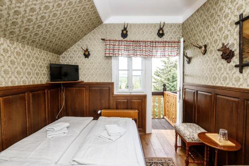 奥斯特拉维采河畔弗里德兰特Penzion Letohrádek的一间卧室设有一张床、一台电视和一个窗口。