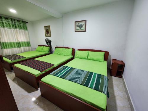 巴朗戈德Nature Springs Belihul oya的配有绿床单的客房内的两张床