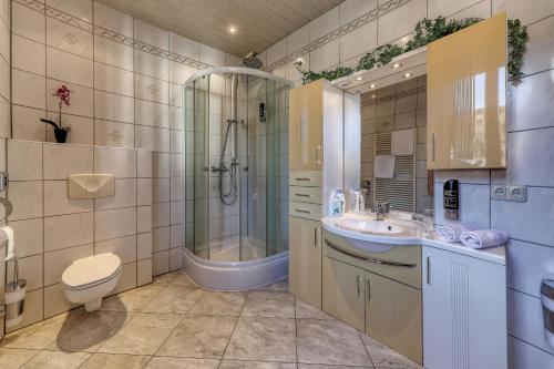 博登迈斯Hotel Bayerischer Hof的带淋浴卫生间和盥洗盆的浴室