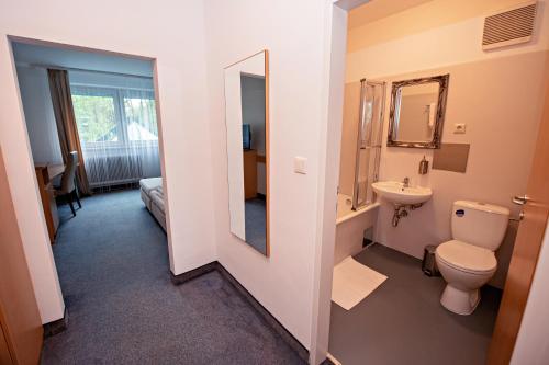 Pressbaum温泰酒店的一间带卫生间、水槽和镜子的浴室