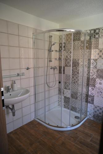 因德日赫城堡Penzion Mezi řádky的带淋浴和盥洗盆的浴室