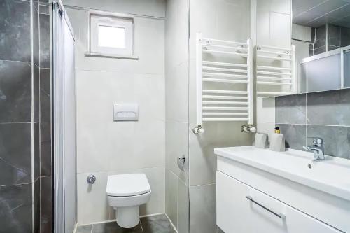 伊斯坦布尔Sea and lake view in Maltepe的白色的浴室设有卫生间和淋浴。