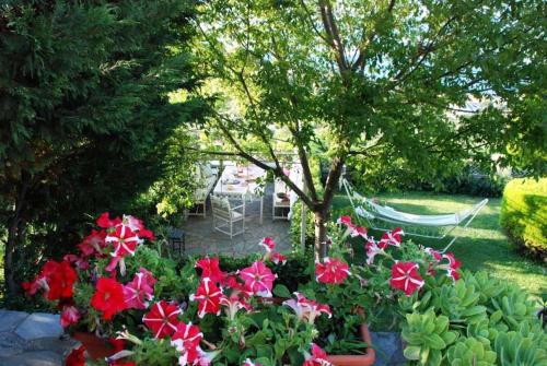 沃洛斯Evelina - Home with View的种满鲜花、一棵树和吊床的花园