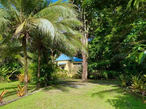 曼萨尼约Private Villa on 2-Acres of Jungle Garden & Pool的棕榈树庭院中间的房子