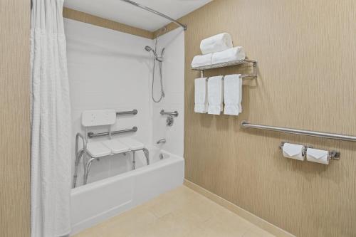 格林维尔格林维尔皇冠假日酒店的浴室配有浴缸、淋浴和毛巾。