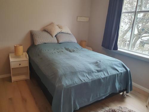 雷克雅未克Cosy apartment in the old west Reykjavik center的一间卧室配有一张带蓝色棉被的床和窗户。