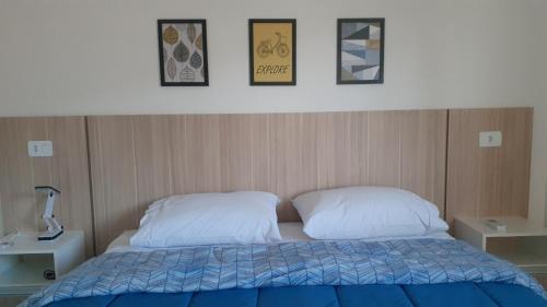 波苏斯-迪卡尔达斯Aconchego no centro de Poços!的一间卧室配有一张带两个枕头的床,墙上挂有图片