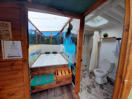 瓜塔维塔Glamping La Cacica的带浴缸和卫生间的浴室。