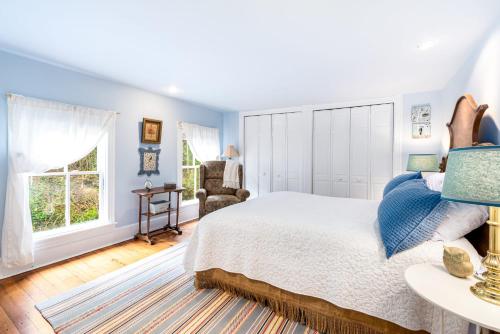 哈珀斯费里Enchanting Cottage, Center of Historic Downtown!的一间拥有蓝色墙壁和一张大床的卧室