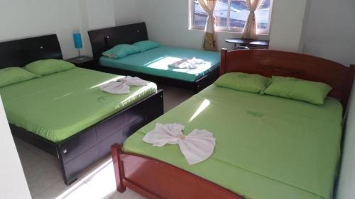 内瓦Hotel Boutique San Juan的客房 - 带两张带绿床单的床
