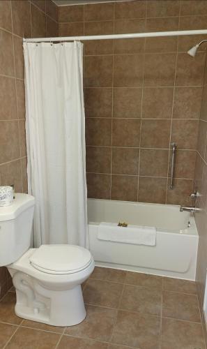 沃瓦White Fang Motel的一间带卫生间、浴缸和淋浴的浴室