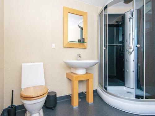 格雷诺Holiday home Grenaa XLVIII的一间带水槽、卫生间和镜子的浴室