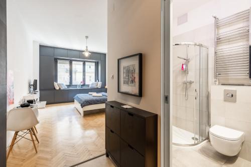 布达佩斯Bright studio apartment with a gorgeus Parliament的带淋浴和卫生间的浴室以及一间卧室。