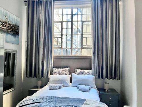 约翰内斯堡Mocha Apartment next to Maboneng的一间卧室配有床和蓝色窗帘的窗户