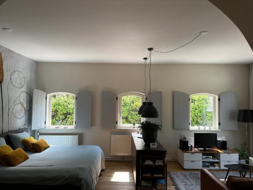 TynaarloKoetshuys van Villadelfia的一间卧室设有一张床和三个窗户。