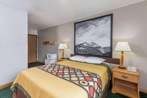 费尔蒙特费尔蒙特速8酒店的小型酒店客房配有一张床和两盏灯