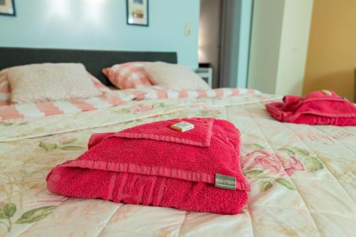 StahlbrodeFerienwohnung in Stahlbrode的床上有两条粉红色的毛巾
