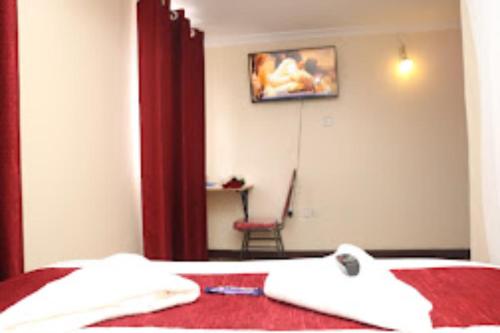 马查科斯Machakos Inn Hotel的一间卧室配有一张带红色毯子和椅子的床