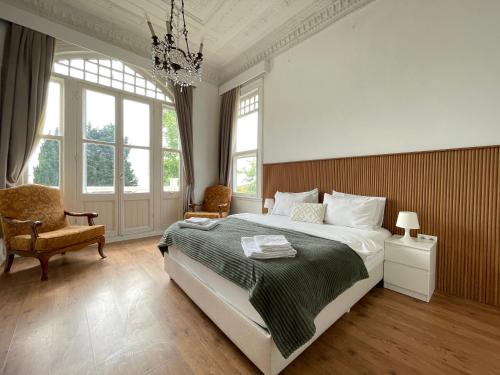 王子岛群Ikigai Hotel Villa Rıfat的一间卧室配有一张大床和一个吊灯。