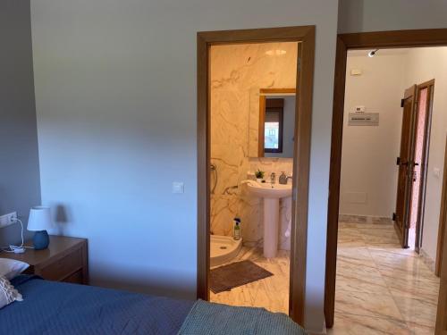 格罗韦CAMPOS DE BALEA (1ªPLANTA)的一间卧室配有一张床,浴室设有水槽
