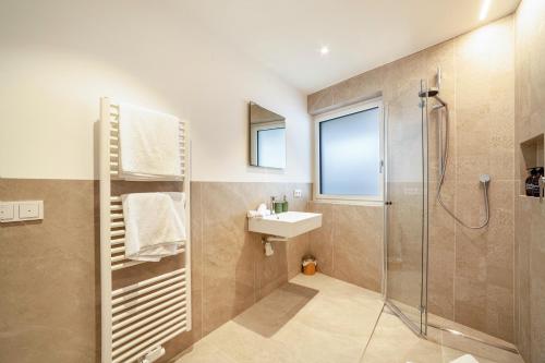 纳图尔诺Appartment Aurelia的带淋浴、盥洗盆和卫生间的浴室