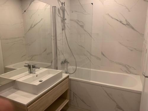 布拉索夫JAD - Luxury - 3 Room Apartments - Urban Plaza的浴室配有水槽、淋浴和浴缸。