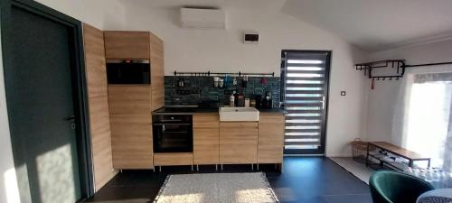 韦切什AirPortOne的厨房配有木制橱柜和炉灶烤箱。