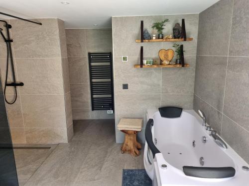 弗利辛恩La vie Est Belle Vlissingen的浴室配有白色浴缸和淋浴。