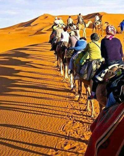 梅尔祖卡Morocco Désert Luxury的一群在沙漠里骑马的人