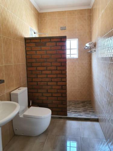 利隆圭Stream Box Lodge的一间带卫生间、水槽和砖墙的浴室