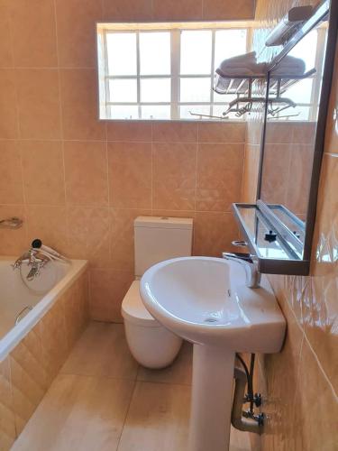 利隆圭Stream Box Lodge的浴室配有盥洗盆、卫生间和浴缸。