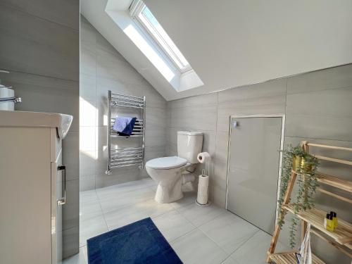 伯明翰Heartland House, 7 Spacious Bedrooms Sleeps 4 plus, near NEC, JLR,BHX的白色的浴室设有卫生间和天窗。