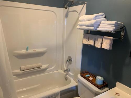 Heartʼs ContentLegges Motel & Restaurant的带淋浴、卫生间和毛巾的浴室