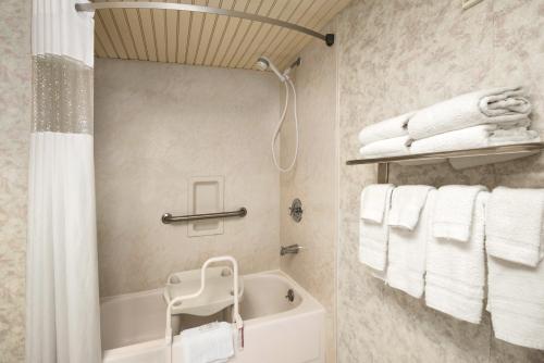泰特斯维尔Space Coast Hotel Titusville-Kennedy Space Center的带浴缸和白色毛巾的浴室